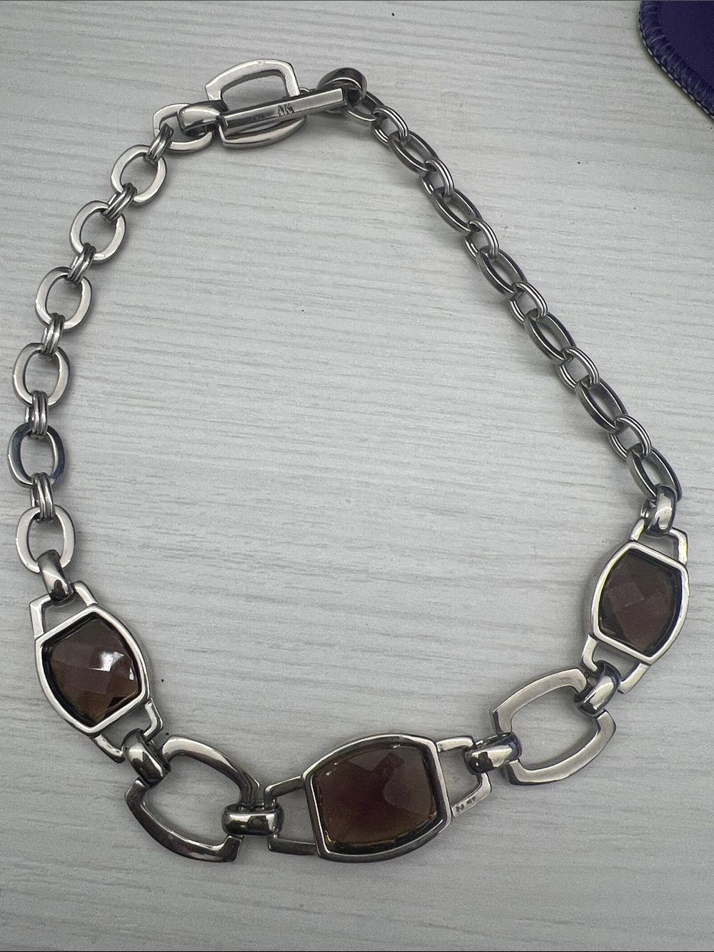 Anne Klein Silver Link Necklace with Brown Gem Accents